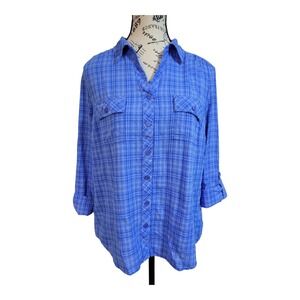 Croft & Barrow Plaid Popover Shirt‎ PM Blue Plaid Roll Tab Sleeves